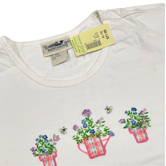 Vintage NWT Northern Reflections Embroidered Watering Can Flowers Bees T- Shirt - Picture 2 of 5